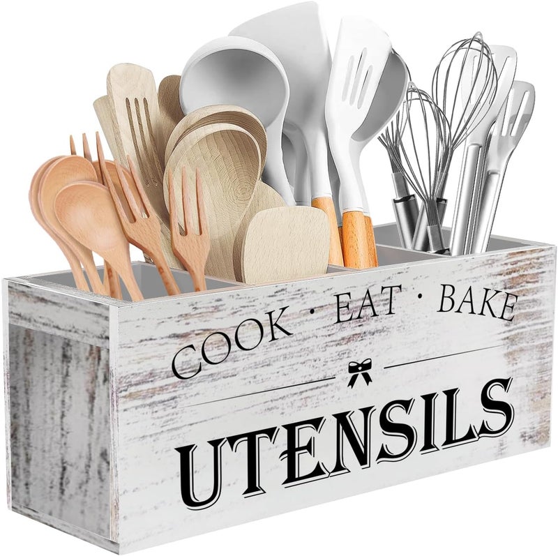 Suli Extra Large Kitchen Utensils Holder with 4 Compartments, Wooden Utensil Organizer for Kitchen Countertop, Farmhouse Decor, Rustic Cooking Utensil - White grain - Image 1